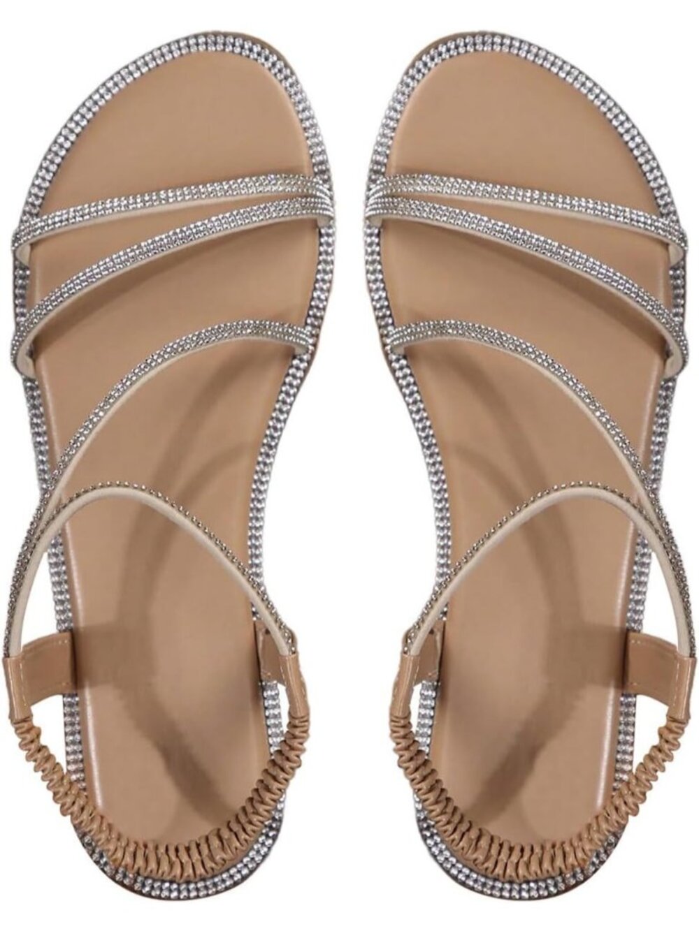 Women's Beige Summer Glitter Open Toe Sparkly Rhinestone Slides Flat Sandals